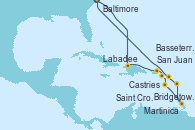 Visitando Baltimore (Maryland), Labadee (Haiti), San Juan (Puerto Rico), Saint Croix (Islas Vírgenes), Martinica (Antillas), Bridgetown (Barbados), Castries (Santa Lucía/Caribe), Basseterre (Antillas), Baltimore (Maryland)