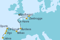 Visitando Southampton (Inglaterra), Zeebrugge (Bruselas), Le Havre (Francia), Burdeos (Francia), Bilbao (España), La Coruña (Galicia/España), Vigo (España), Oporto (Portugal), Lisboa (Portugal)