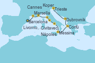 Visitando Barcelona, Marsella (Francia), Cannes (Francia), Livorno, Pisa y Florencia (Italia), Civitavecchia (Roma), Nápoles (Italia), Messina (Sicilia), Corfú (Grecia), Dubrovnik (Croacia), Koper (Eslovenia), Trieste (Italia)