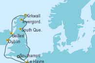 Visitando Southampton (Inglaterra), South Queensferry (Escocia), Invergordon (Escocia), Kirkwall (Escocia), Belfast (Irlanda), Dublin (Irlanda), Le Havre (Francia), Southampton (Inglaterra)