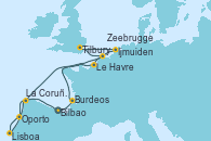Visitando Bilbao (España), Burdeos (Francia), Ijmuiden (Ámsterdam), Tilbury (Gran Bretaña), Zeebrugge (Bruselas), Le Havre (Francia), La Coruña (Galicia/España), Oporto (Portugal), Lisboa (Portugal), Bilbao (España)