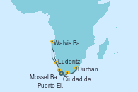 Visitando Ciudad del Cabo (Sudáfrica), Ciudad del Cabo (Sudáfrica), Mossel Bay (Sudáfrica), Puerto Elizabeth (Sudáfrica), Durban (Sudáfrica), Luderitz (Namibia), Walvis Bay (Namibia), Ciudad del Cabo (Sudáfrica)