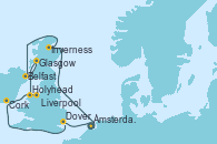 Visitando Ámsterdam (Holanda), Inverness (Escocia), Belfast (Irlanda), Glasgow (Escocia), Holyhead (Gales/Reino Unido), Liverpool (Reino Unido), Cork (Irlanda), Dover (Inglaterra), Ámsterdam (Holanda)