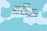 Visitando Barcelona, Toulon (Francia), Génova (Italia), Livorno, Pisa y Florencia (Italia), Kotor (Montenegro), Corfú (Grecia), Messina (Sicilia), Nápoles (Italia), Civitavecchia (Roma)
