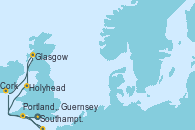 Visitando Southampton (Inglaterra), Portland, Dorset (Reino Unido), Guernsey (Channel Islands), Cork (Irlanda), Glasgow (Escocia), Holyhead (Gales/Reino Unido), Southampton (Inglaterra)
