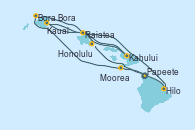 Visitando Papeete (Tahití), Moorea (Tahití), Bora Bora (Polinesia), Raiatea (Polinesia Francesa), Kahului (Hawai/EEUU), Kauai (Hawai), Kauai (Hawai), Hilo (Hawai), Honolulu (Hawai)