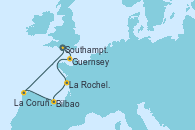 Visitando Southampton (Inglaterra), Guernsey (Channel Islands), La Rochelle (Francia), Bilbao (España), La Coruña (Galicia/España), Southampton (Inglaterra)