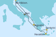 Visitando Bari (Italia), Monfalcone (Venecia/Italia), Argostoli (Grecia), Heraklion (Creta), Santorini (Grecia), Bari (Italia)