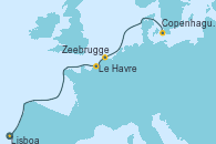 Visitando Lisboa (Portugal), Le Havre (Francia), Zeebrugge (Bruselas), Copenhague (Dinamarca)