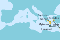 Visitando Limassol (Chipre), Mykonos (Grecia), Mykonos (Grecia), Atenas (Grecia), Santorini (Grecia), Kusadasi (Efeso/Turquía), Haifa (Israel), Limassol (Chipre)