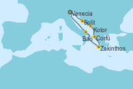 Visitando Venecia (Italia), Split (Croacia), Kotor (Montenegro), Corfú (Grecia), Zakinthos (Grecia), Bari (Italia), Venecia (Italia)