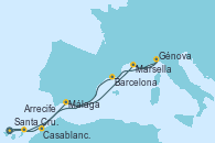 Visitando Santa Cruz de Tenerife (España), Arrecife (Lanzarote/España), Málaga, Marsella (Francia), Génova (Italia), Barcelona, Casablanca (Marruecos), Santa Cruz de Tenerife (España)