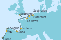 Visitando Lisboa (Portugal), Vigo (España), La Coruña (Galicia/España), Bilbao (España), Burdeos (Francia), Rotterdam (Holanda), Zeebrugge (Bruselas), Le Havre (Francia), Southampton (Inglaterra)