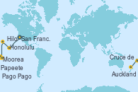 Visitando San Francisco (California/EEUU), Hilo (Hawai), Honolulu (Hawai), Moorea (Tahití), Papeete (Tahití), Papeete (Tahití), Pago Pago (Samoa), Cruce de la línea horaria, Auckland (Nueva Zelanda)