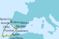 Visitando Lisboa (Portugal), Funchal (Madeira), Santa Cruz de Tenerife (España), Las Palmas de Gran Canaria (España), Arrecife (Lanzarote/España), Agadir (Marruecos), Casablanca (Marruecos), Gibraltar (Inglaterra), Málaga, Cádiz (España), Lisboa (Portugal)