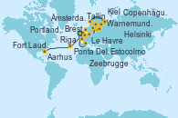 Visitando Ámsterdam (Holanda), Copenhague (Dinamarca), Warnemunde (Alemania), Riga (Letonia), Tallin (Estonia), Helsinki (Finlandia), Estocolmo (Suecia), Estocolmo (Suecia), Kiel (Alemania), Aarhus (Dinamarca), Ámsterdam (Holanda), Zeebrugge (Bruselas), Le Havre (Francia), Portland, Dorset (Reino Unido), Brest (Francia), Ponta Delgada (Azores), Isla Pequeña (San Salvador/Bahamas), Fort Lauderdale (Florida/EEUU)