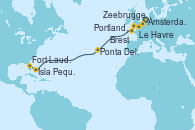 Visitando Ámsterdam (Holanda), Zeebrugge (Bruselas), Le Havre (Francia), Portland, Dorset (Reino Unido), Brest (Francia), Ponta Delgada (Azores), Isla Pequeña (San Salvador/Bahamas), Fort Lauderdale (Florida/EEUU)