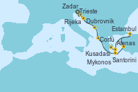 Visitando Trieste (Italia), Rijeka (Croacia), Zadar (Croacia), Dubrovnik (Croacia), Corfú (Grecia), Santorini (Grecia), Kusadasi (Efeso/Turquía), Estambul (Turquía), Mykonos (Grecia), Atenas (Grecia)