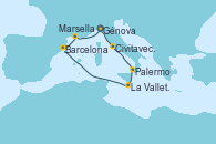 Visitando Génova (Italia), Civitavecchia (Roma), Palermo (Italia), La Valletta (Malta), Barcelona, Marsella (Francia), Génova (Italia)