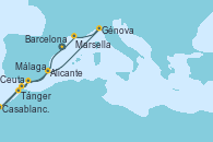 Visitando Barcelona, Tánger (Marruecos), Casablanca (Marruecos), Ceuta (España), Málaga, Alicante (España), Génova (Italia), Marsella (Francia), Barcelona