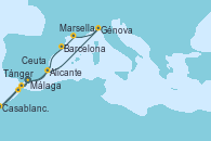 Visitando Málaga, Alicante (España), Génova (Italia), Marsella (Francia), Barcelona, Tánger (Marruecos), Casablanca (Marruecos), Ceuta (España), Málaga