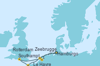 Visitando Hamburgo (Alemania), Zeebrugge (Bruselas), Rotterdam (Holanda), Le Havre (Francia), Southampton (Inglaterra), Hamburgo (Alemania)