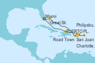 Visitando Miami (Florida/EEUU), Great Stirrup Cay (Bahamas), San Juan (Puerto Rico), Philipsburg (St. Maarten), Road Town (Isla Tórtola/Islas Vírgenes), Charlotte Amalie (St. Thomas), PUERTO PLATA, REPUBLICA DOMINICANA, Miami (Florida/EEUU)