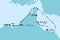 Visitando Abu Dhabi (Emiratos Árabes Unidos), Sir Bani Yas Is (Emiratos Árabes Unidos), Dubai, Dubai, Al Fujayrah (Emiratos Árabes Unidos), Muscat (Omán), Abu Dhabi (Emiratos Árabes Unidos)