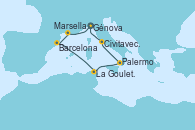 Visitando Génova (Italia), Marsella (Francia), Barcelona, La Goulette (Tunez), Palermo (Italia), Civitavecchia (Roma), Génova (Italia)