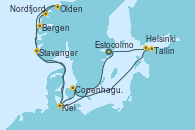 Visitando Estocolmo (Suecia), Kiel (Alemania), Bergen (Noruega), Nordfjordeid, Olden (Noruega), Stavanger (Noruega), Kiel (Alemania), Copenhague (Dinamarca), Tallin (Estonia), Helsinki (Finlandia), Estocolmo (Suecia)