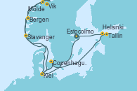 Visitando Estocolmo (Suecia), Kiel (Alemania), Vik (Noruega), Molde (Noruega), Bergen (Noruega), Stavanger (Noruega), Kiel (Alemania), Copenhague (Dinamarca), Tallin (Estonia), Helsinki (Finlandia), Estocolmo (Suecia)