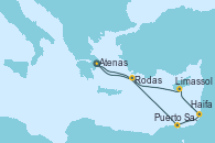 Visitando Atenas (Grecia), Puerto Said (Egipto), Haifa (Israel), Haifa (Israel), Limassol (Chipre), Rodas (Grecia), Atenas (Grecia)