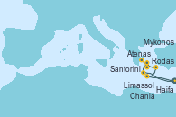 Visitando Haifa (Israel), Limassol (Chipre), Rodas (Grecia), Atenas (Grecia), Santorini (Grecia), Mykonos (Grecia), Chania (Creta/Grecia), Haifa (Israel)