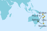 Visitando Sydney (Australia), Nouméa (Nueva Caledonia), Lifou (Isla Loyalty/Nueva Caledonia), Isla Mystery (Vanuatu), Puerto Vila (Vanuatu), Sydney (Australia)