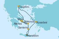 Visitando Heraklion (Creta), Santorini (Grecia), Santorini (Grecia), Mykonos (Grecia), Mykonos (Grecia), Milos (Grecia), Atenas (Grecia), Tesalónica (Grecia), Kusadasi (Efeso/Turquía), Heraklion (Creta)