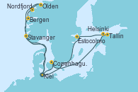 Visitando Kiel (Alemania), Copenhague (Dinamarca), Tallin (Estonia), Helsinki (Finlandia), Estocolmo (Suecia), Kiel (Alemania), Bergen (Noruega), Nordfjordeid, Olden (Noruega), Stavanger (Noruega), Kiel (Alemania)