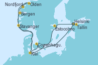 Visitando Helsinki (Finlandia), Estocolmo (Suecia), Kiel (Alemania), Bergen (Noruega), Nordfjordeid, Olden (Noruega), Stavanger (Noruega), Kiel (Alemania), Copenhague (Dinamarca), Tallin (Estonia), Helsinki (Finlandia)
