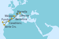 Visitando Marsella (Francia), Génova (Italia), Barcelona, Casablanca (Marruecos), Santa Cruz de Tenerife (España), Funchal (Madeira), Málaga, Marsella (Francia)