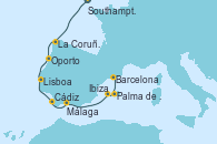 Visitando Southampton (Inglaterra), La Coruña (Galicia/España), Oporto (Portugal), Lisboa (Portugal), Cádiz (España), Málaga, Ibiza (España), Palma de Mallorca (España), Barcelona