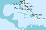 Visitando Baltimore (Maryland), Charleston (Carolina del Sur), Puerto Cañaveral (Florida), Great Stirrup Cay (Bahamas), Puerto Plata, Republica Dominicana, San Juan (Puerto Rico), Kings Wharf (Bermudas), Kings Wharf (Bermudas), Baltimore (Maryland)