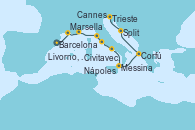 Visitando Barcelona, Marsella (Francia), Cannes (Francia), Livorno, Pisa y Florencia (Italia), Civitavecchia (Roma), Nápoles (Italia), Messina (Sicilia), Corfú (Grecia), Split (Croacia), Trieste (Italia)