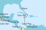 Visitando Los Ángeles (California), Cabo San Lucas (México), Puerto Vallarta (México), Acapulco (México), Puerto Quetzal (Guatemala), Puerto Cristóbal (Panamá), Canal Panamá, Cartagena de Indias (Colombia), Ocho Ríos (Jamaica), Miami (Florida/EEUU)
