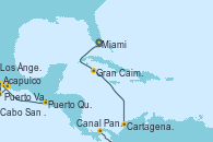 Visitando Miami (Florida/EEUU), Gran Caimán (Islas Caimán), Cartagena de Indias (Colombia), Canal Panamá, Puerto Quetzal (Guatemala), Acapulco (México), Puerto Vallarta (México), Cabo San Lucas (México), Los Ángeles (California)