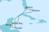Visitando Miami (Florida/EEUU), Roatán (Honduras), Belize (Caribe), Costa Maya (México), Nassau (Bahamas), Miami (Florida/EEUU)