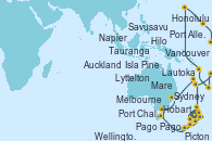 Visitando Auckland (Nueva Zelanda), Tauranga (Nueva Zelanda), Napier (Nueva Zelanda), Picton (Australia), Wellington (Nueva Zelanda), Lyttelton (Nueva Zelanda), Port Chalmers (Nueva Zelanda), Hobart (Australia), Melbourne (Australia), Sydney (Australia), Mare (Nueva Caledonia), Isla Pines (New Caledonia/Francia), Lautoka (Fiyi), Savusavu (Islas Fidji), Pago Pago (Samoa), Hilo (Hawai), Honolulu (Hawai), Honolulu (Hawai), Port Allen, Kauai, Hawaiian, Vancouver (Canadá)