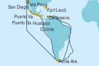 Visitando San Diego (California/EEUU), Puerto Vallarta (México), Huatulco (México), Puerto Quetzal (Guatemala), Corinto (Nicaragua), Punta Arenas (Chile), Cartagena de Indias (Colombia), Isla Pequeña (San Salvador/Bahamas), Fort Lauderdale (Florida/EEUU)