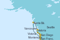 Visitando San Diego (California/EEUU), Santa Bárbara (California), Monterey (California), San Francisco (California/EEUU), Victoria (Canadá), Vancouver (Canadá), Astoria  (Oregón), Seattle (Washington/EEUU), Vancouver (Canadá)