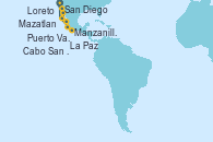 Visitando San Diego (California/EEUU), Manzanillo (México), Puerto Vallarta (México), Mazatlan (México), Loreto (México), La Paz (México), Cabo San Lucas (México), San Diego (California/EEUU)