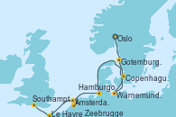 Visitando Oslo (Noruega), Gotemburgo (Suecia), Copenhague (Dinamarca), Warnemunde (Alemania), Hamburgo (Alemania), Hamburgo (Alemania), Ámsterdam (Holanda), Zeebrugge (Bruselas), Le Havre (Francia), Southampton (Inglaterra)