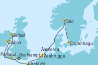 Visitando Southampton (Inglaterra), Belfast (Irlanda), Dublin (Irlanda), Portland, Dorset (Reino Unido), Le Havre (Francia), Zeebrugge (Bruselas), Ámsterdam (Holanda), Oslo (Noruega), Copenhague (Dinamarca)